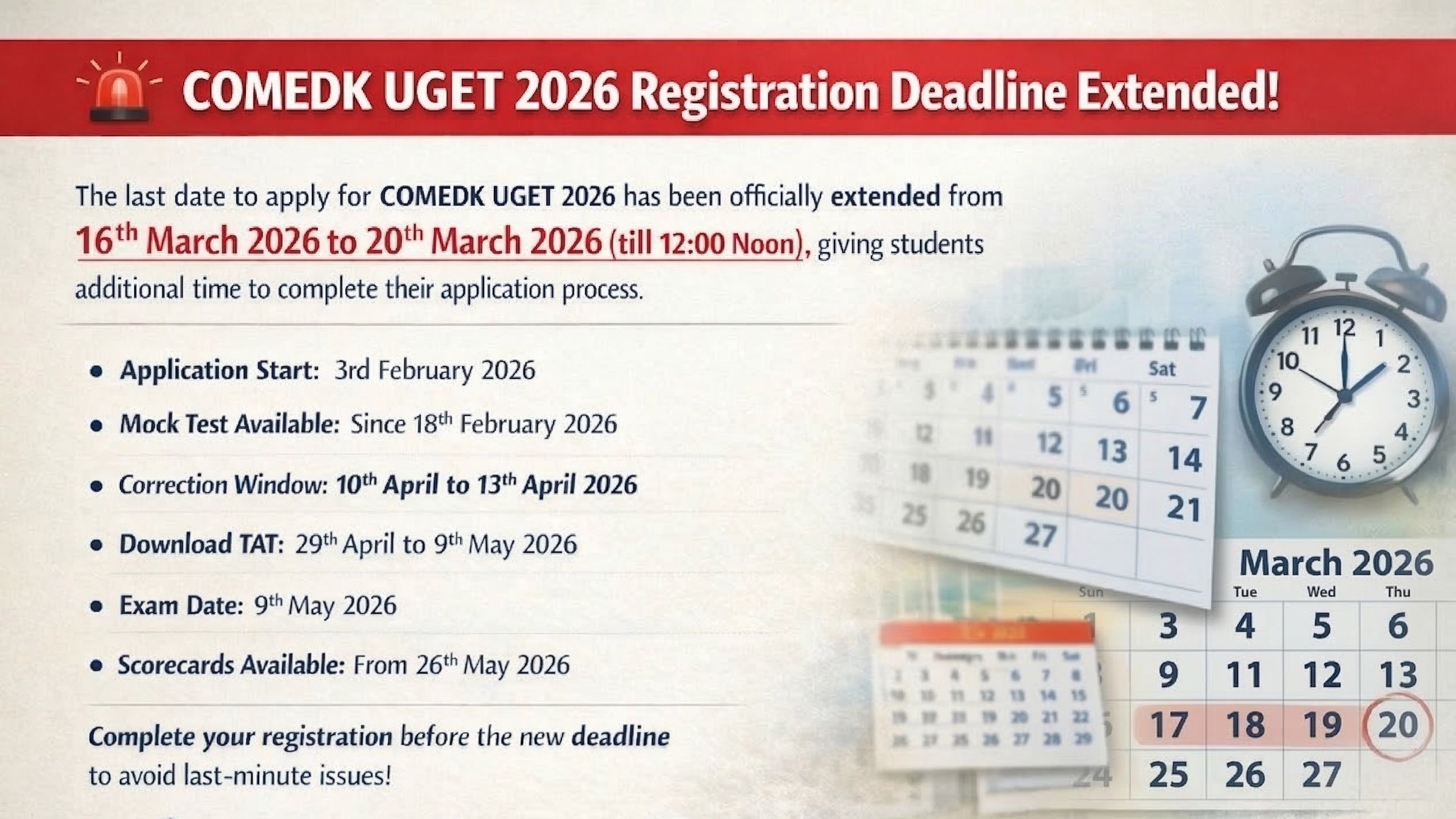 COMEDK UGET 2026 Registration Deadline Extended To 20th March 2026